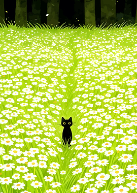 Black Cat in a Field of Daisies