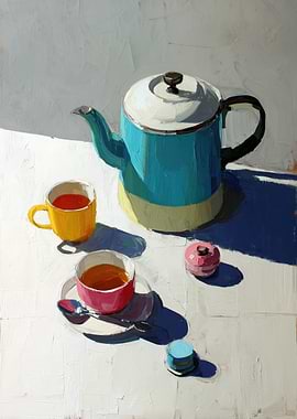Still Life with Tea Set and Macarons
