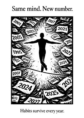 Man balancing on a tightrope with years flying around