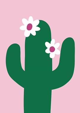 Green Cactus with White Flowers
