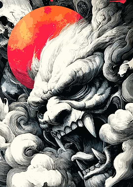 Demonic Oni Mask with Red Moon