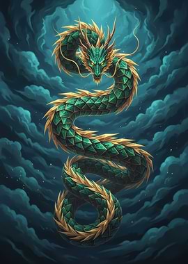 Green Dragon in Dark Clouds