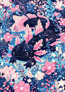 Cute Axolotl in Floral Garden