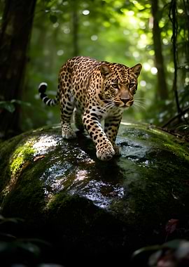 Leopard walking on mossy rock