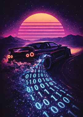 Retro Car with Binary Code Trail