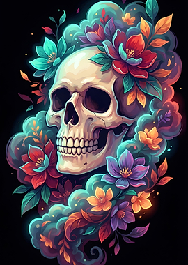 Skull with Colorful Flowers
