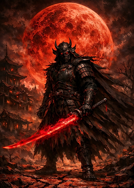 Oni Samurai Under Red Moon
