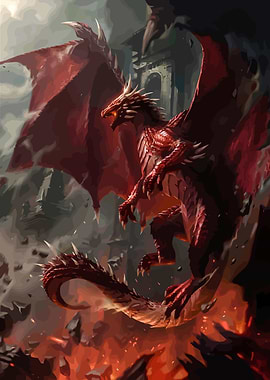 Red Dragon in Fiery Landscape