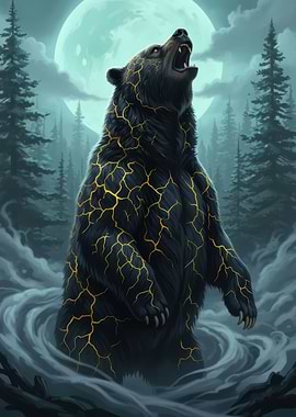 Bear with glowing cracks in forest