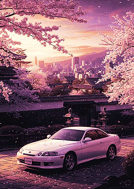 White Coupe Under Cherry Blossoms