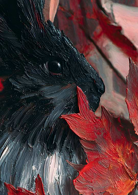 Close-up of a black creature with red leaves