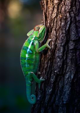 Green Chameleon on Tree Bark