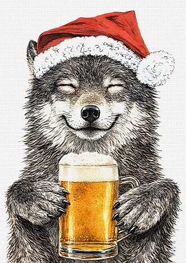 Wolf in Santa hat with beer