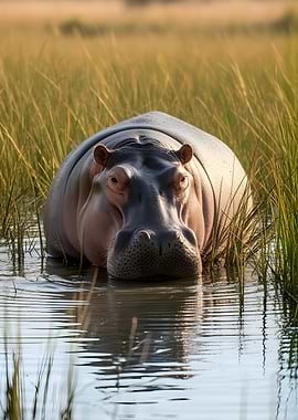 Hippopotamus in tall grass and water