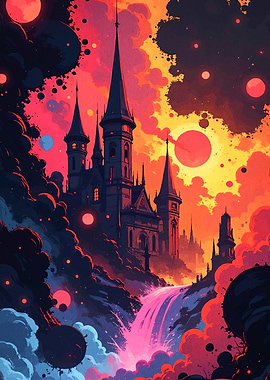 Fantasy Castle with Cosmic Waterfall