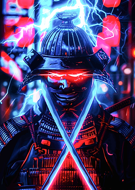 Cyberpunk Samurai with Glowing Swords