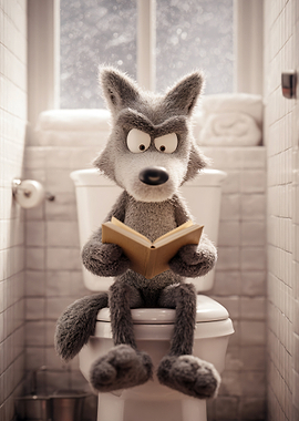 Wolf reading a book on a toilet