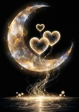 Celestial Hearts on Crescent Moon