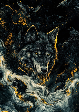 Wolf surrounded by crows and fire