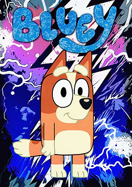 Bluey Cartoon Character with Lightning Background