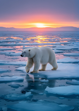 Polar Bear on Ice at Sunset