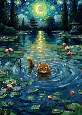Cat Swimming in a Starry Night Pond