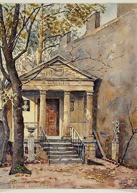 Watercolor painting of a classical building entrance
