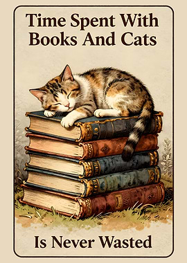 Cat Sleeping on Stack of Books