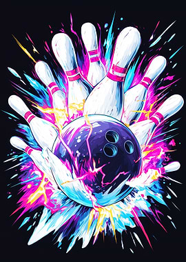 Bowling ball hitting pins with neon explosion