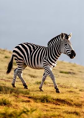 Zebra walking on a grassy hill