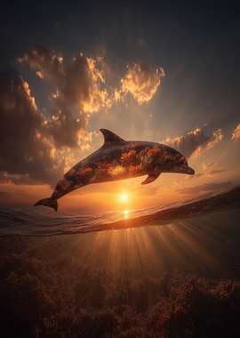 Dolphin jumping at sunset