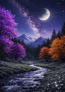 Enchanting Night Landscape with starry night