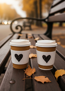 Cozy Autumn Coffee Cups on a Bench