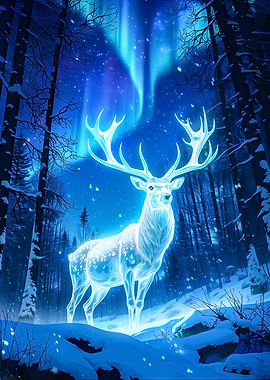Spirit Deer Under Aurora Borealis