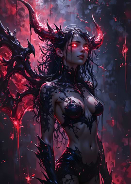 Demonic Woman with Red Eyes and Horns