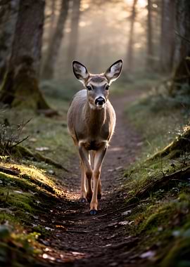 Deer walking on a forest path