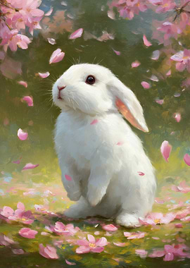 White Rabbit Among Cherry Blossoms