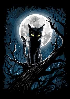 Black Cat Full Moon Poster, Spooky Night Wall Art, Mysterious Gothic Moonlit Print