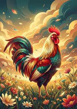 Rooster in a Field of Flowers