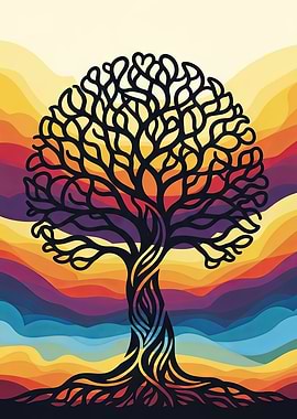 Stylized Tree of Life with Rainbow Background