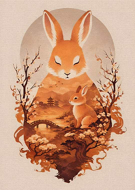 Mother and Child Rabbit Landscape