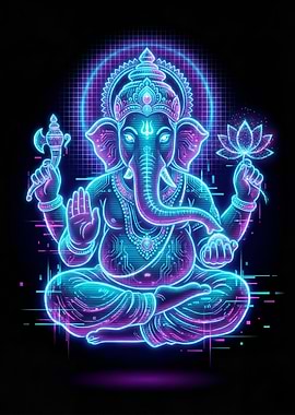 Neon Lord Ganesha Sacred Geometry Spiritual Art
