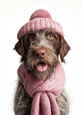 Cozy Wirehaired Pointing Griffon Dog in Winter Hat and Scarf