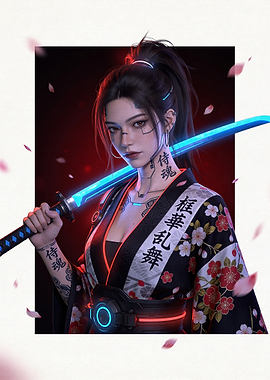 Cyberpunk Samurai Woman with Glowing Sword