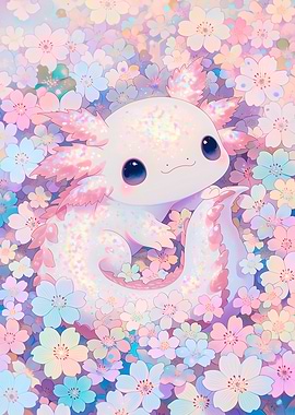 Cute Axolotl Among Flowers