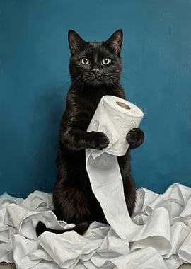Black cat with toilet paper
