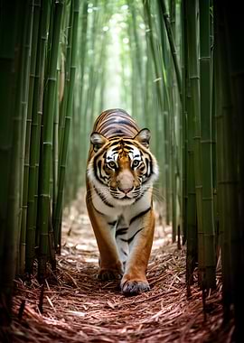 Tiger walking through bamboo forest