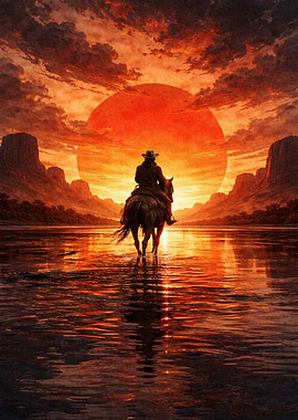 Cowboy Riding Horse at Sunset