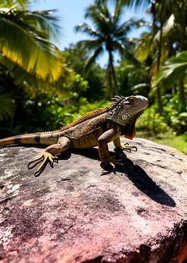 Iguana on a rock in tropical foliage
