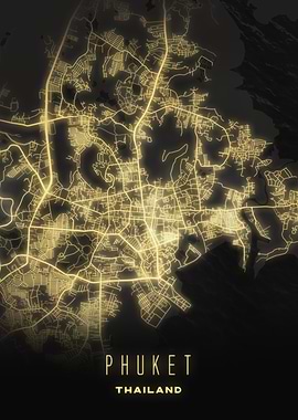 Phuket, Thailand - Luminous City Streets Map Poster, Modern Wall Art